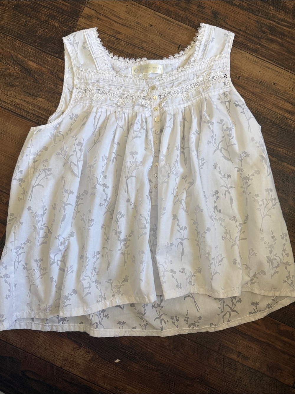 Nightgown up-cycled Sleeveless Floral Tank Top in White